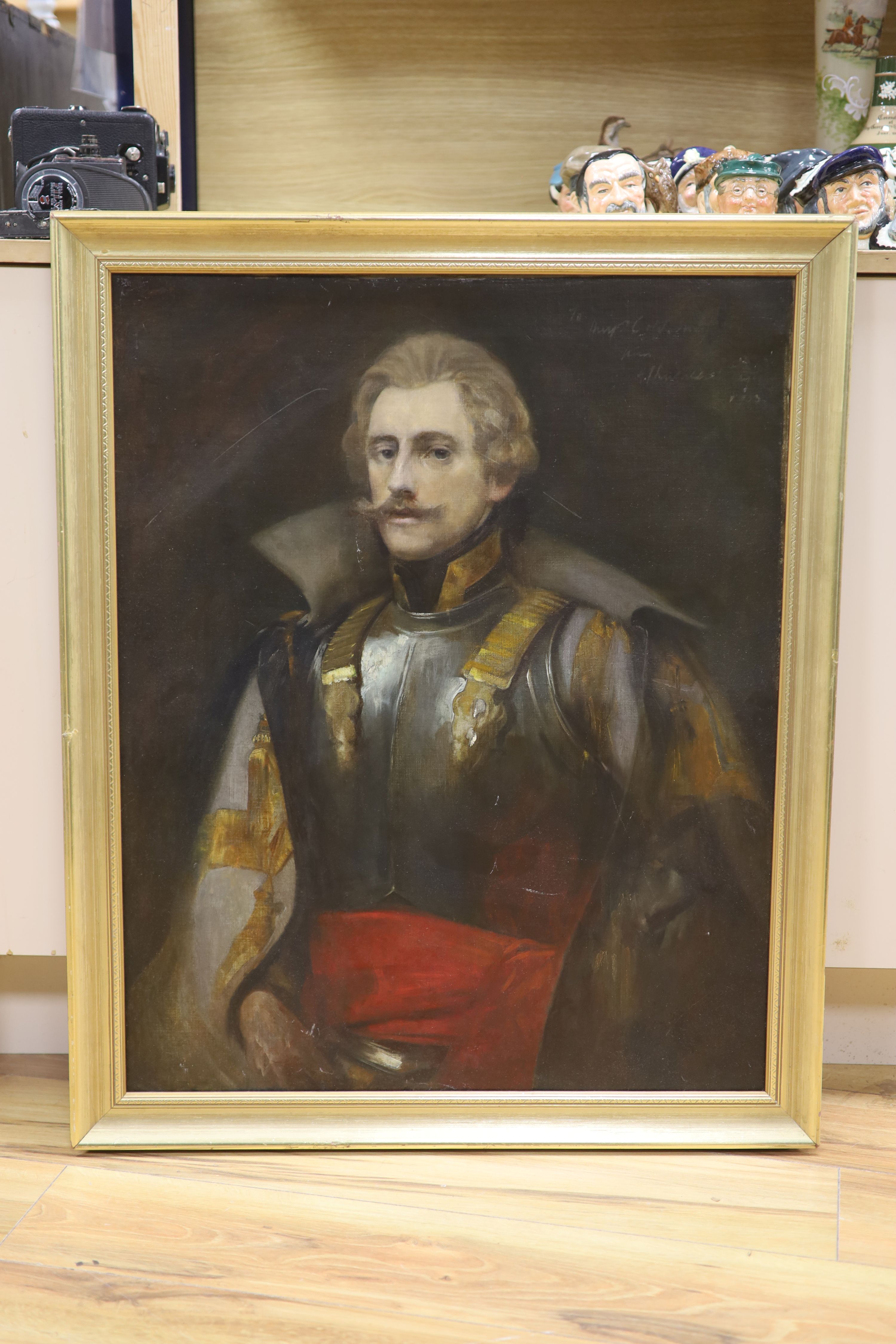 English School, oil on canvas, Portrait of a gentleman in armour, indistinctly inscribed and dated 1903, 75 x 60cm
